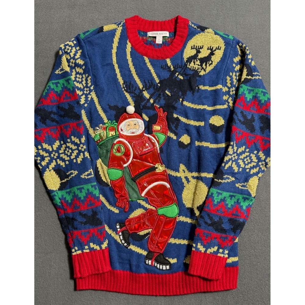 Celebrate Together Santa Claus Ugly Christmas Sweater Blue Red Metallic S Jingle
